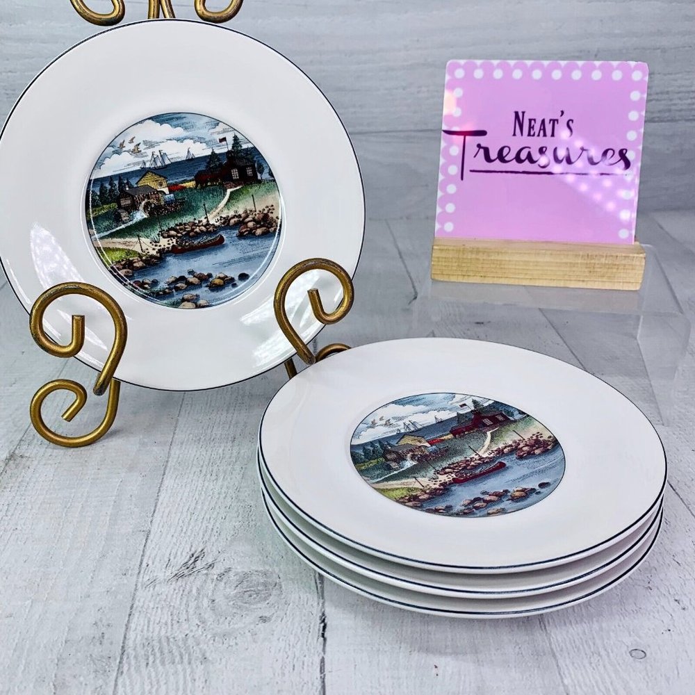 Epoch PIONEER BAY Houses Ships Birds Water Ceramic Appetizer Saucer Plate Set 4